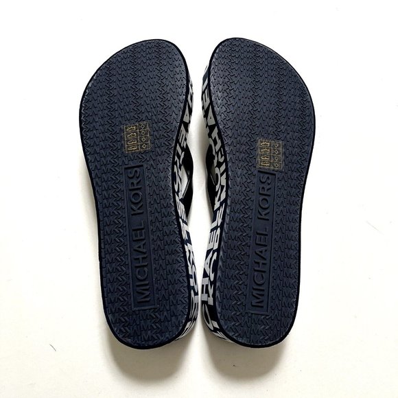NWOB MICHAEL KORS Graphic Flip-Flop Wedge Sandals Slide On Thong Navy - Picture 7 of 9